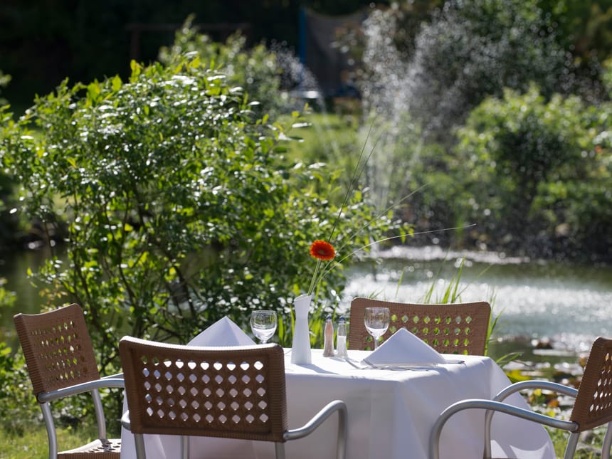 Schöner Garten mit Tisch und Stühlen