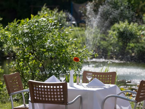Schöner Garten mit Tisch und Stühlen