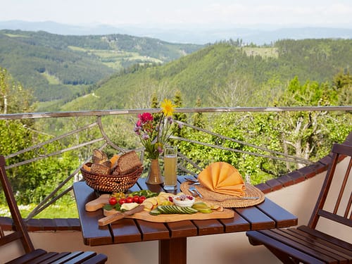 Eingedeckter Tisch auf einer Terrasse mit Blick in die Natur