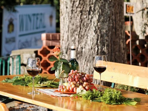 gedeckter Tisch mit Wein und Weintrauben auf der Terrasse