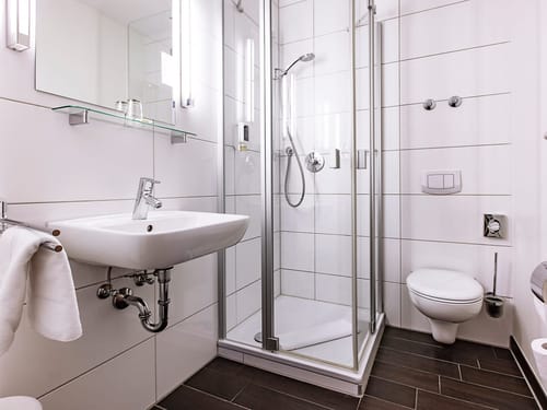 Badbereich mit Dusche, WC, Waschtisch und Wandspiegel