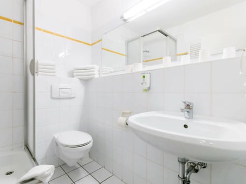 Badbreich mit Dusche, WC, großem Wandspiegel und Waschtisch