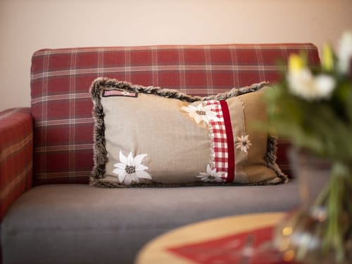 Gemütliches Wohnzimmer mit rotem Karosofa und dekorativem Kissen