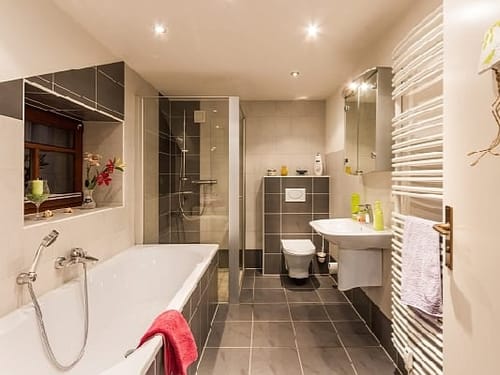 Badbereich mit Duschkabine, Badewanne, WC, Waschtisch und Wandspiegel