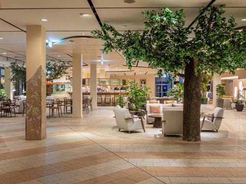 Elegant eingerichteter Hotel-Lobbybereich mit stilvollen Sitzmöbeln und üppigem Grün.