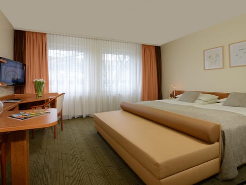 Komfort Zimmer mit Doppelbett, TV, Schreibtisch, Stuhl und Kofferablage