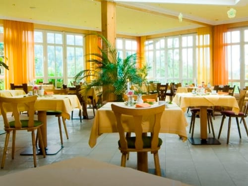 Helles und freundliches Restaurant mit gelber Dekoration, großen Fenstern und einladender Atmosphäre.