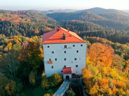Luftaufnahme eines historischen Schlosses umgeben von herbstlichen Wäldern.