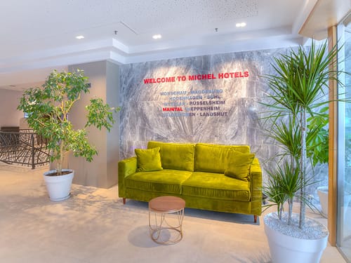 Ein grünes Sofa und Pflanzen am Eingang