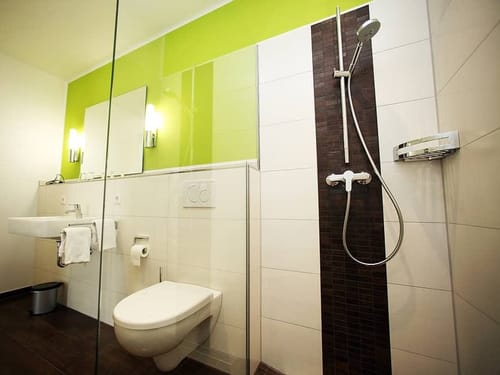 Badbereich mit Dusche, WC, Wandspiegel und Waschtisch