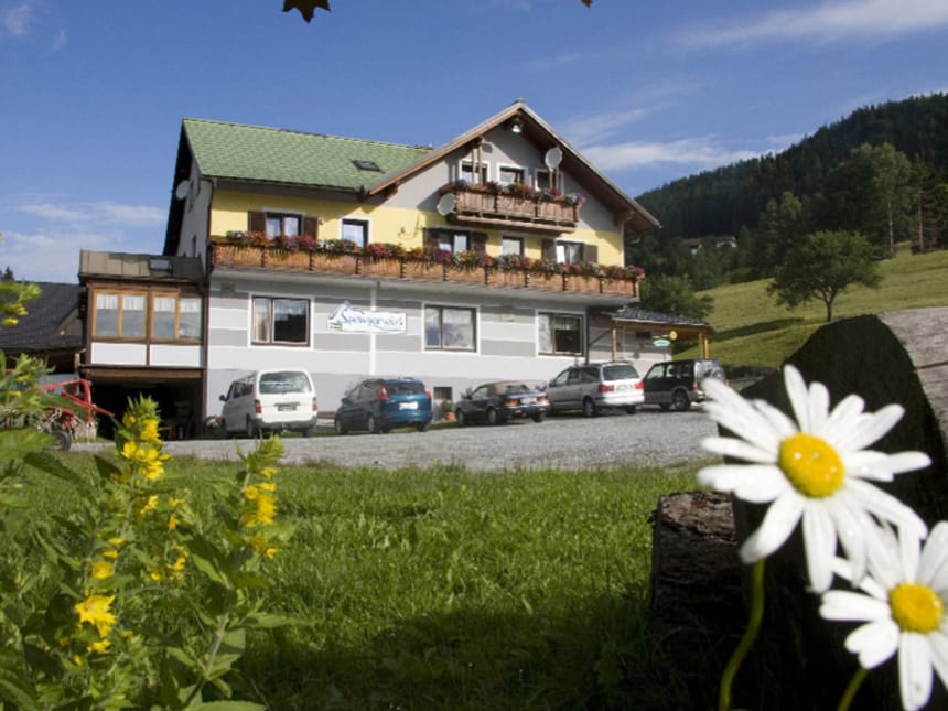 Gemütliches Gästehaus in alpiner Landschaft mit Blumen im Vordergrund