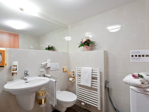 Badbereich mit Waschtisch, Wandspiegel und WC