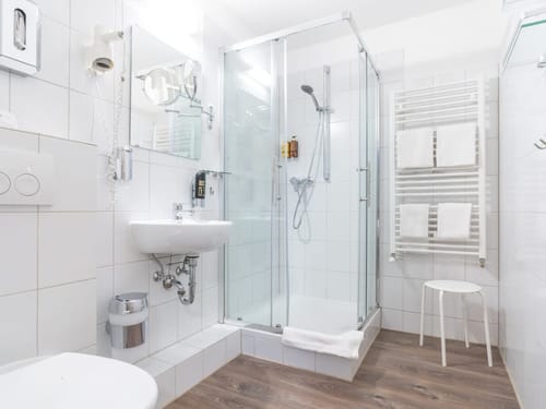 Badbereich mit Dusche, Wandspiegel, Waschtisch und WC