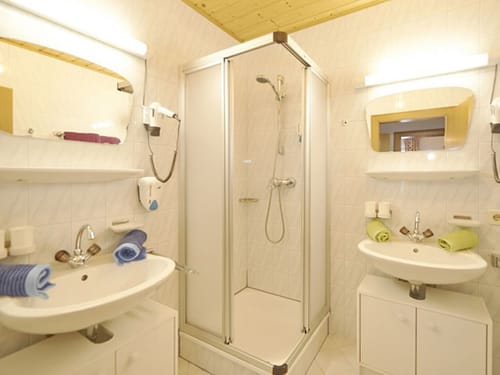 Badbereich mit Dusche, Waschtisch und Wandspiegel