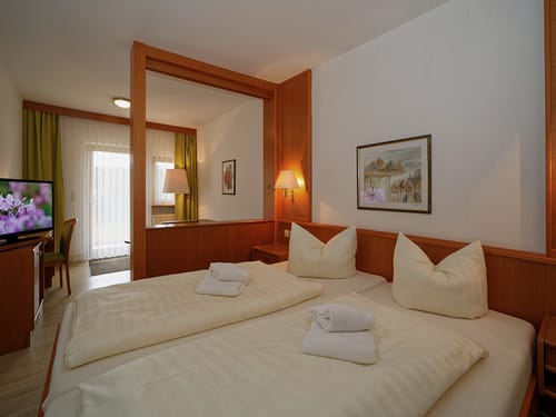 grosses Doppelzimmer mit Sitzecke, Doppelbett, Schreibtisch und TV