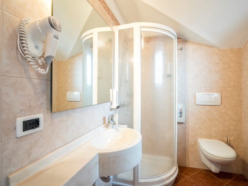 Badbereich mit Dusche, WC, Wandspiegel und Waschtisch