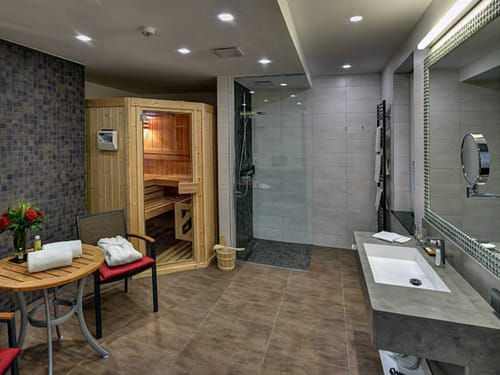 Wellness Suite mit Finnischer Sauna, Dusche, Waschtisch und Spiegel