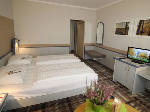 Standard Zimmer mit Doppelbett, Wandspiegel, Ablage und TV