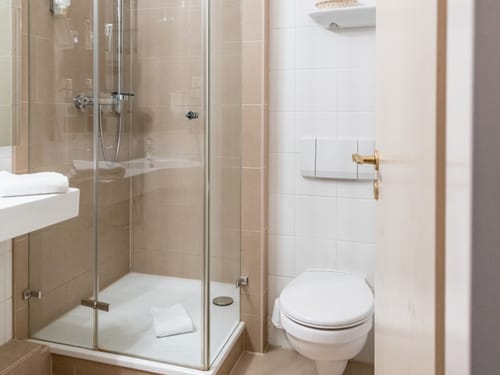Badbereich mit Dusche, WC und Waschtisch