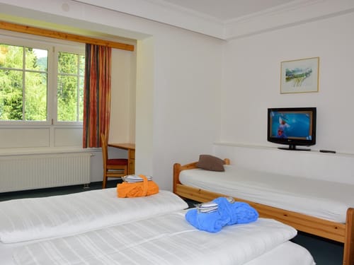 Gemütliches Hotelzimmer mit zwei Betten, TV, Schreibtisch und Blick auf die Natur