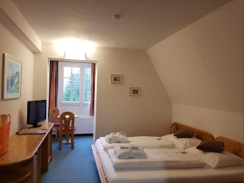 Gemütliches Hotelzimmer mit Doppelbett und Fernseher