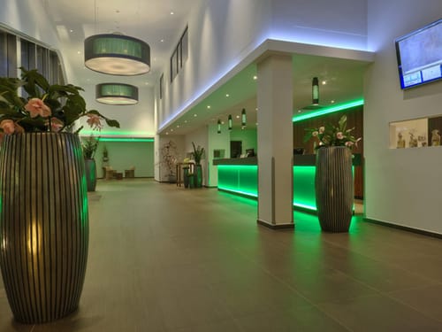 Rezeption und Lobby mit Dekovasen und TV