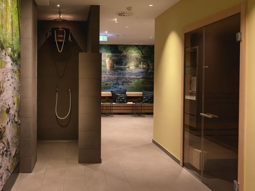 Entspannungsbereich mit Sauna und Regendusche in einem modernen Wellnesscenter.