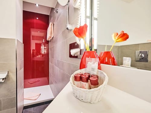 Badbereich mit Dusche, Ablage und Dusche