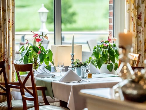 Gedeckter Tisch im Restaurant mit Blick durch nach Draußen