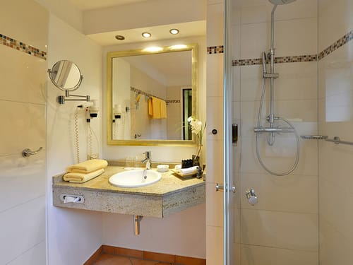 Badbereich mit Dusche, Waschtisch und Wandspiegel
