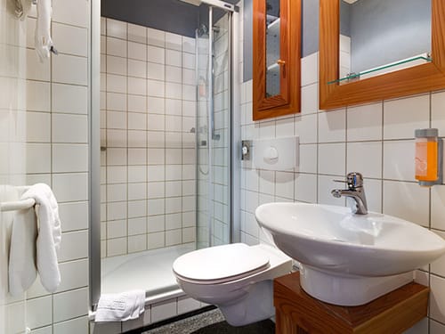 Bad mit Dusche, Waschtisch, WC und Spiegel