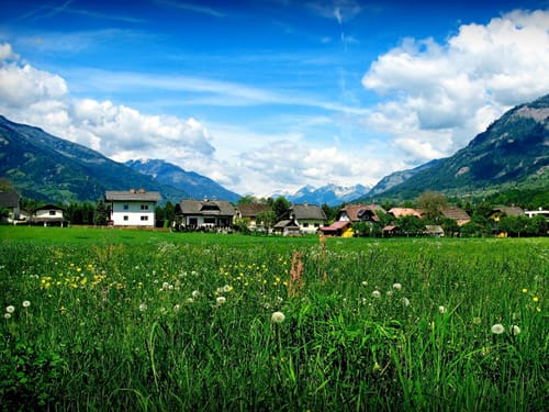 Eine grüne Wiese mit Häusern und Bergen im Hintergrund