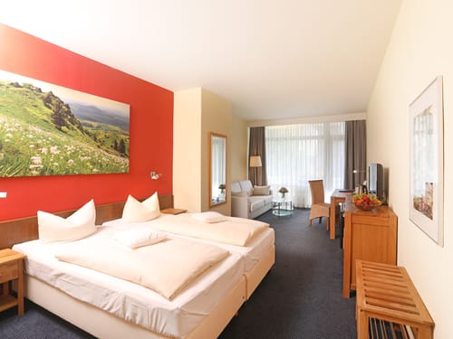 Doppelzimmer mit Bett, Sitzecke und TV