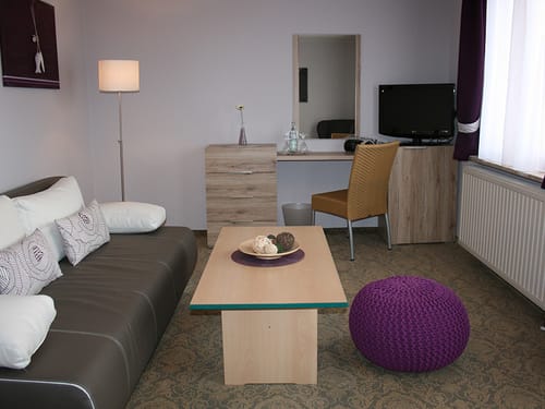 Couch, Schreibtisch, TV, Wandspiegel und Tisch im Wohnbereich