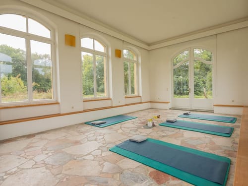 Heller Yoga-Raum mit Matten vor großen Fenstern