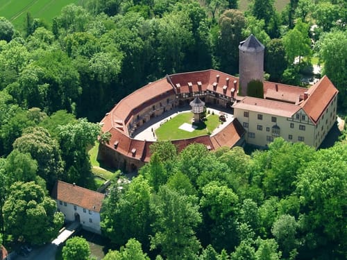 Historische Burg mit ovalem Innenhof und Rundturm, aufgenommen aus der Luft inmitten sommerlicher Waldlandschaft
