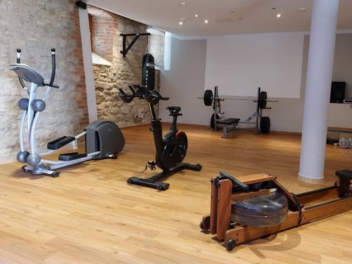 Stilvoller Fitnessraum mit Natursteinwand und moderner Trainingsausstattung