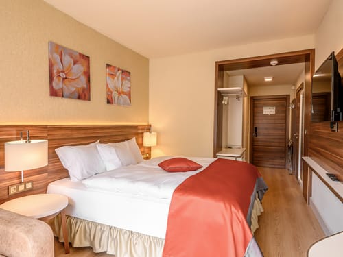 Komfortables Hotelzimmer mit elegantem Doppelbett und stilvollen Einrichtungsdetails