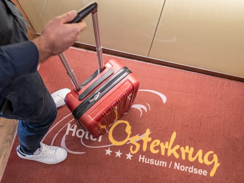 Mann mit einem Koffer im Eingang