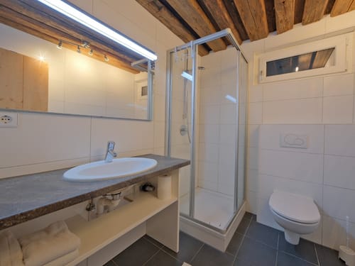Badbereich mit Dusche, Waschtisch, WC und großen Wandspiegel