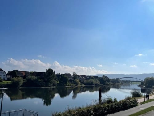 Malerische Flusslandschaft an einem sonnigen Tag mit Brücke im Hintergrund.