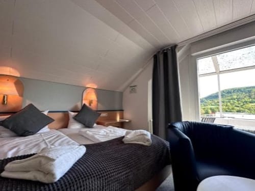 Gemütliches Hotelzimmer mit Doppelbett und Blick aus dem Fenster auf bewaldete Hügel.