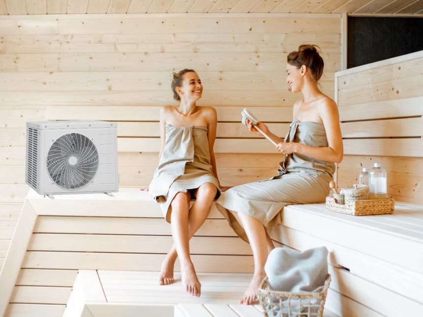 Zwei Frauen entspannen in einer modernen Sauna mit einer effizienten Klimaanlage.