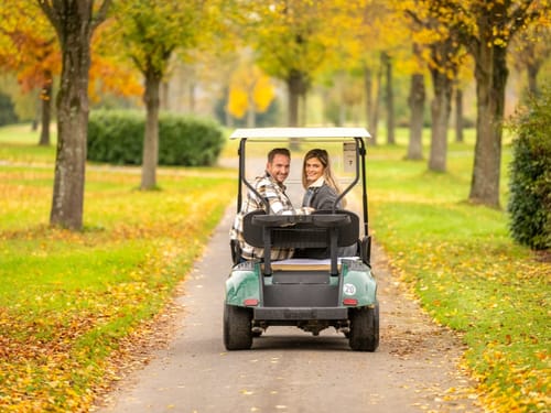 Paar im Golfcaddy