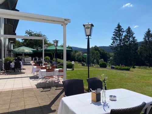 Terrasse eines Restaurants im Grünen mit Tischen im Freien und Blick auf die umliegenden Wälder.