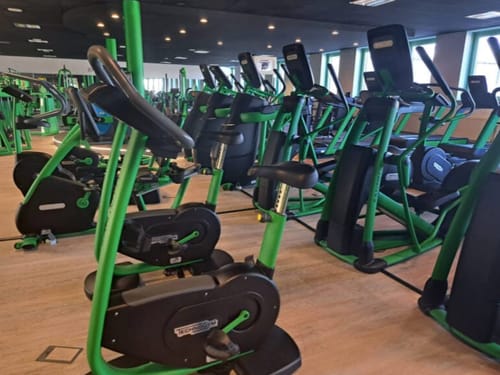 Moderner Fitnessbereich mit zahlreichen grünen Trainingsgeräten