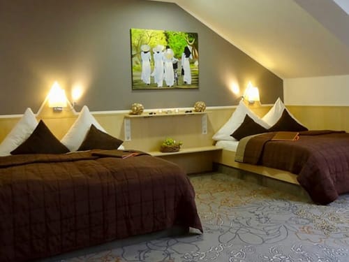 Gemütliches Schlafzimmer in Dachgeschoss mit zwei Betten und moderner Dekoration.