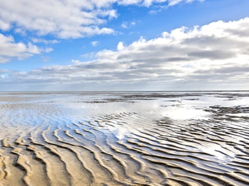 Wattlandschaft bei Ebbe unter blauem Himmel