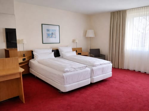 Modernes Hotelzimmer mit zwei Einzelbetten, rotem Teppich und großem Fenster.