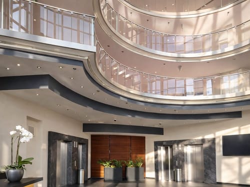 Modernes Foyer mit eleganter Architektur und Aufzügen